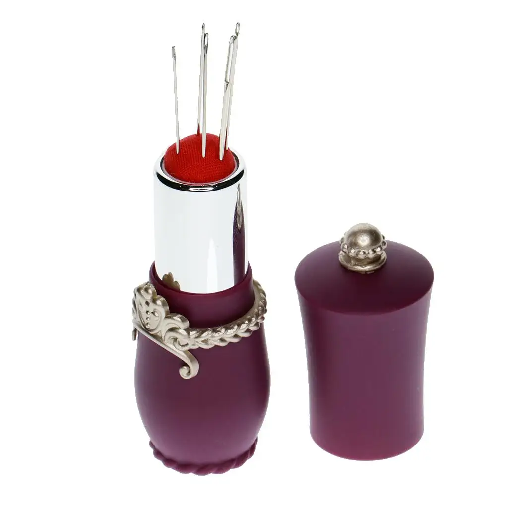 2xLipstick Shaped Needles Pin Cushion Holder with 5pcs Sewing Needles Purple