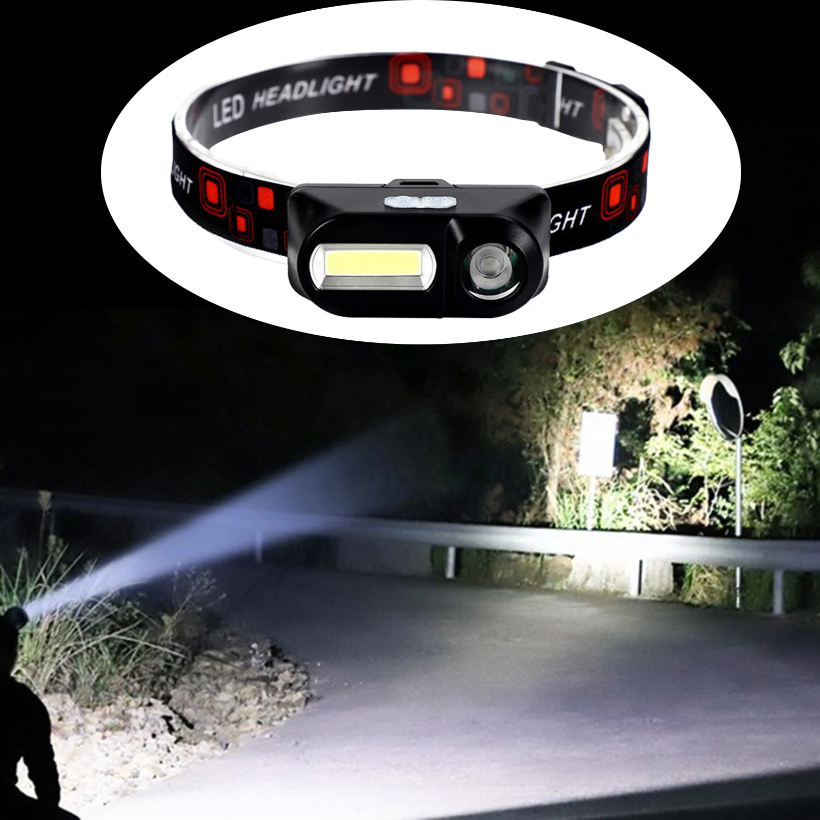 Super Bright Head Torch USB Rechargeable Headlamp Ultra Light LED COB Head Torch Headlight with 6 Modes for Reading, Hiking