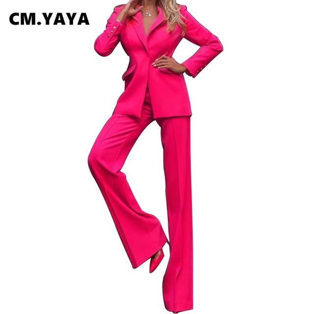 CM.YAYA Women Pants Suits Solid Full Sleeve Single Button Tops Straight  Long Pants Two 2 Piece Sets Office Lady Outfit Autumn
