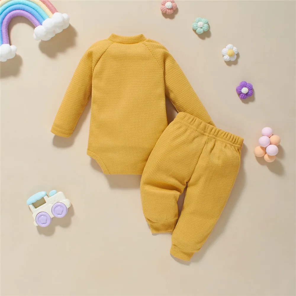 Baby Boy Girls 2Pcs Outfits Toddler Rainbow Print Waffle Knitted Long Sleeve Rompers Pants Newborn Infant Spring Autumn Clothes baby dress set for girl