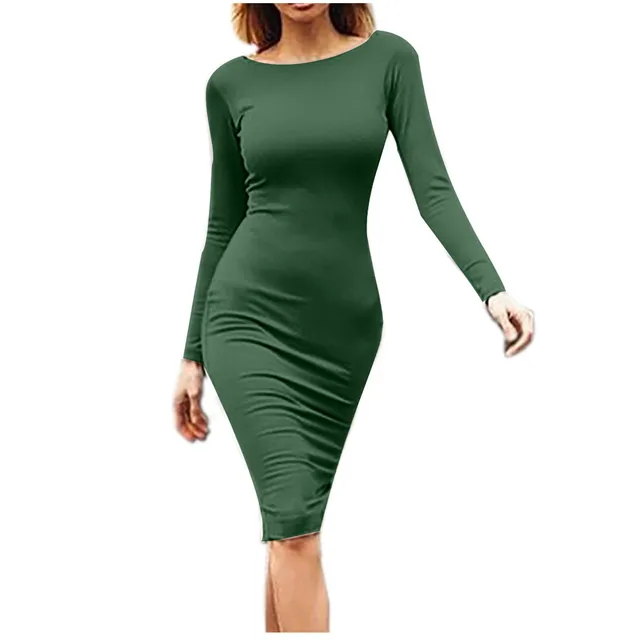 Spring new large size Bodycon dress Solid Color Round neck long sleeve Back  zipper tight dress Female Fashion Clothes D1240