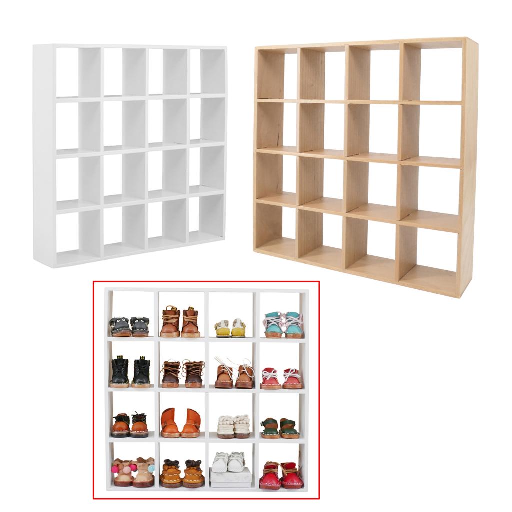 Mini Wooden Storage Rack Display Shelf, Dollhouse Furniture Accessory - 16 Cube Organizer -1/12 Scale
