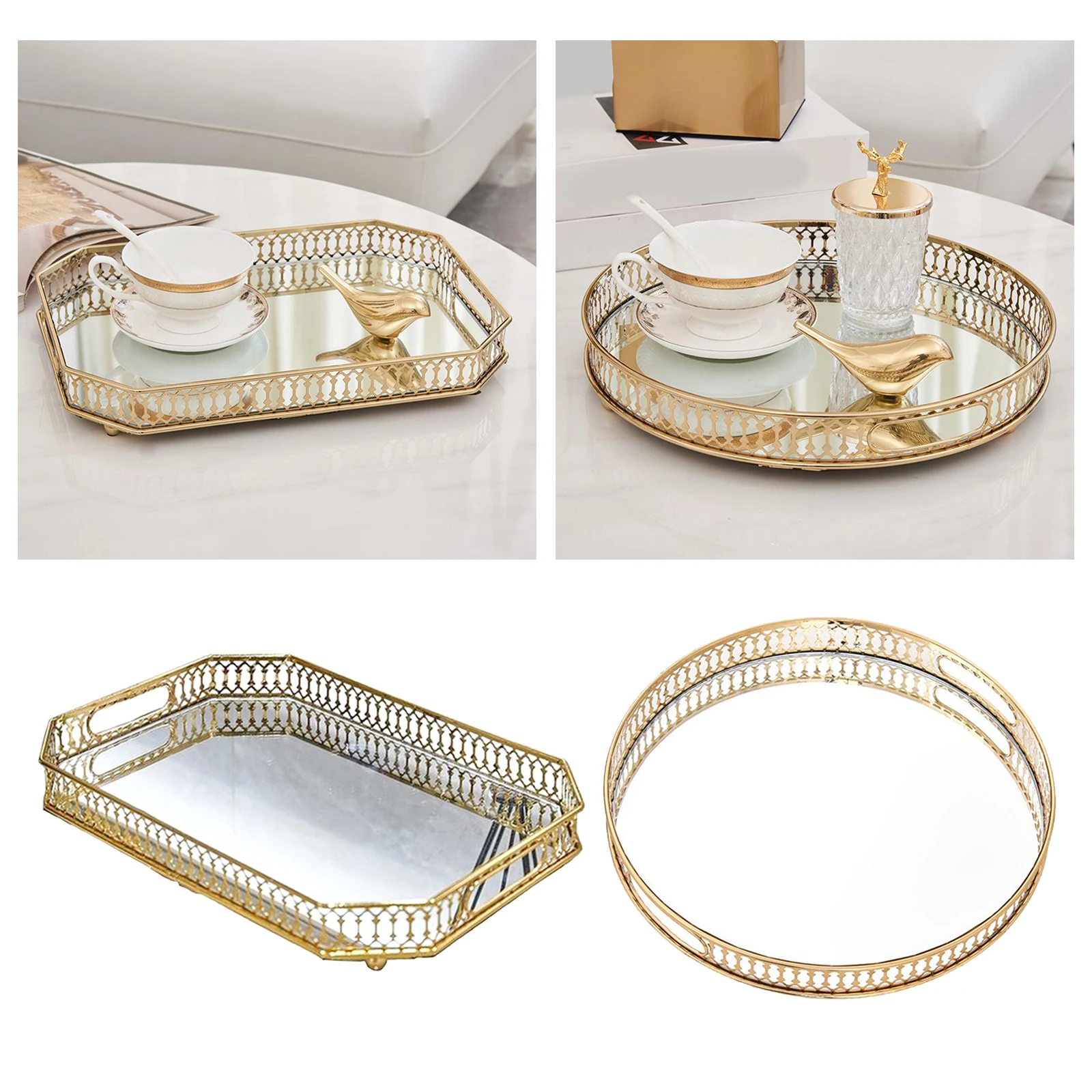 Retro Style Golden Iron Delicate Glass Mirror Base Tray Bedroom Desktop Jewelry Cosmetic Storage Tray