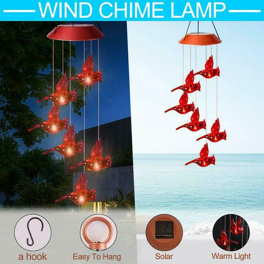LED Red Solar Power Wind Chime Cardinal Waterproof Outdoor Windchime Solar Light for Garden