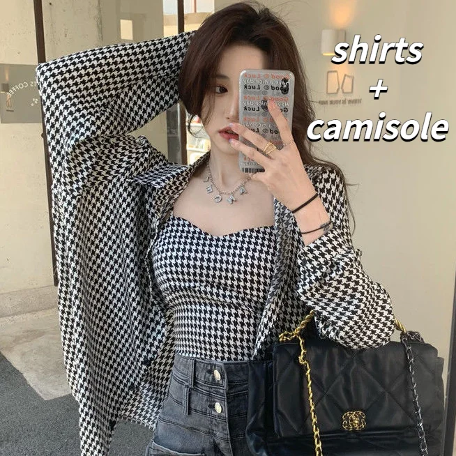 Sets Women 2 Pieces All-match Plaid Long Sleeve Shirts Cropped Camisole Sexy Sun-proof Ulzzang New Fashion Classy Ins Female Y2k matching workout sets