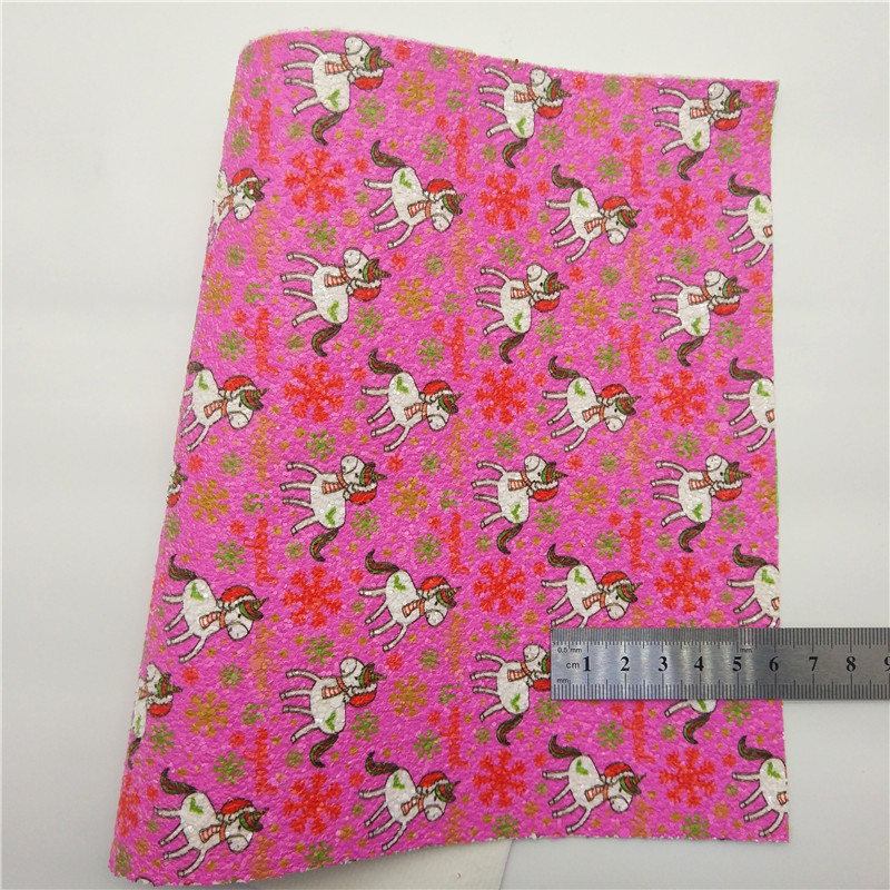 Description Picture 6 of itemUncorns Flowers Printed Glitter leather Christmas Helpers Printed Synthetic Leather Faux Vinyl Fabric For Bows DIY 21x29CM Q396