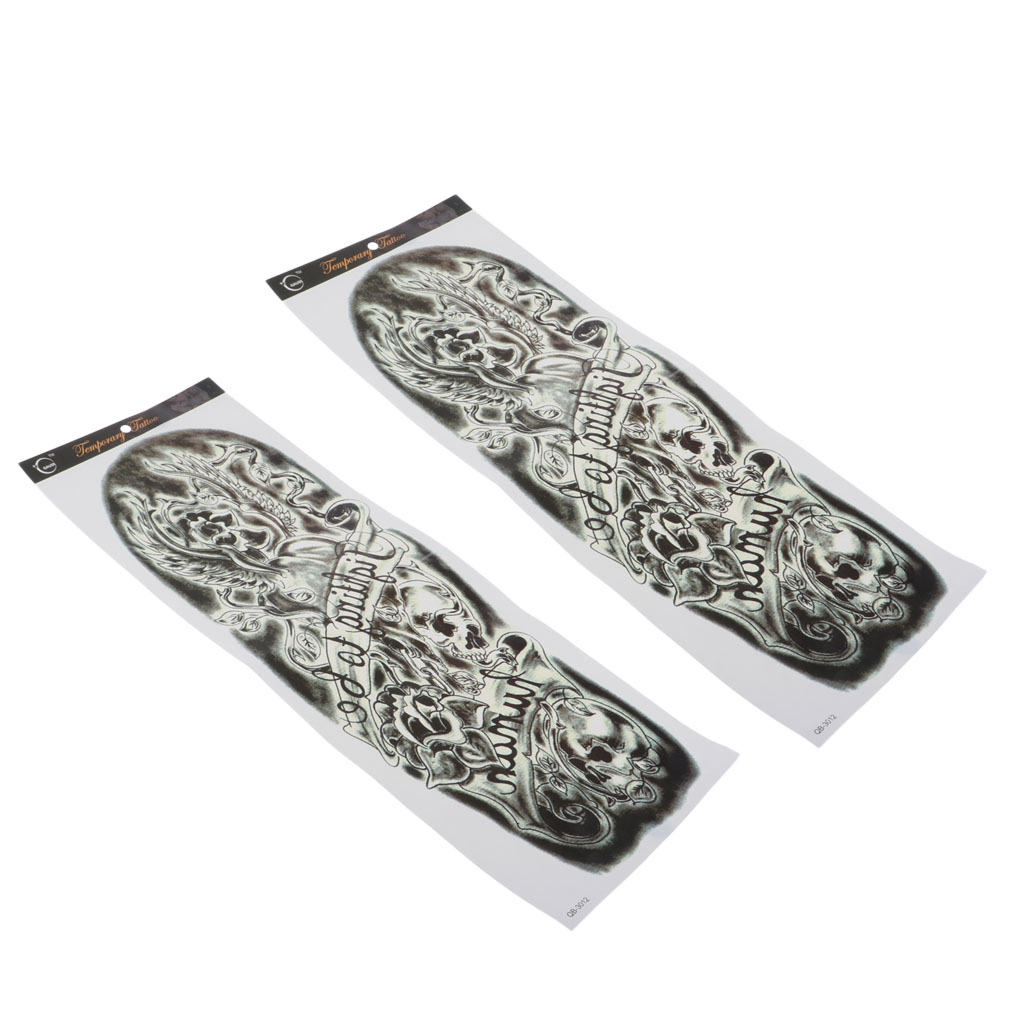 2pcs Temporary Tattoo Sleeves, Large Fake Black Full Arm Tattoo Stickers Skull & Rose Pattern