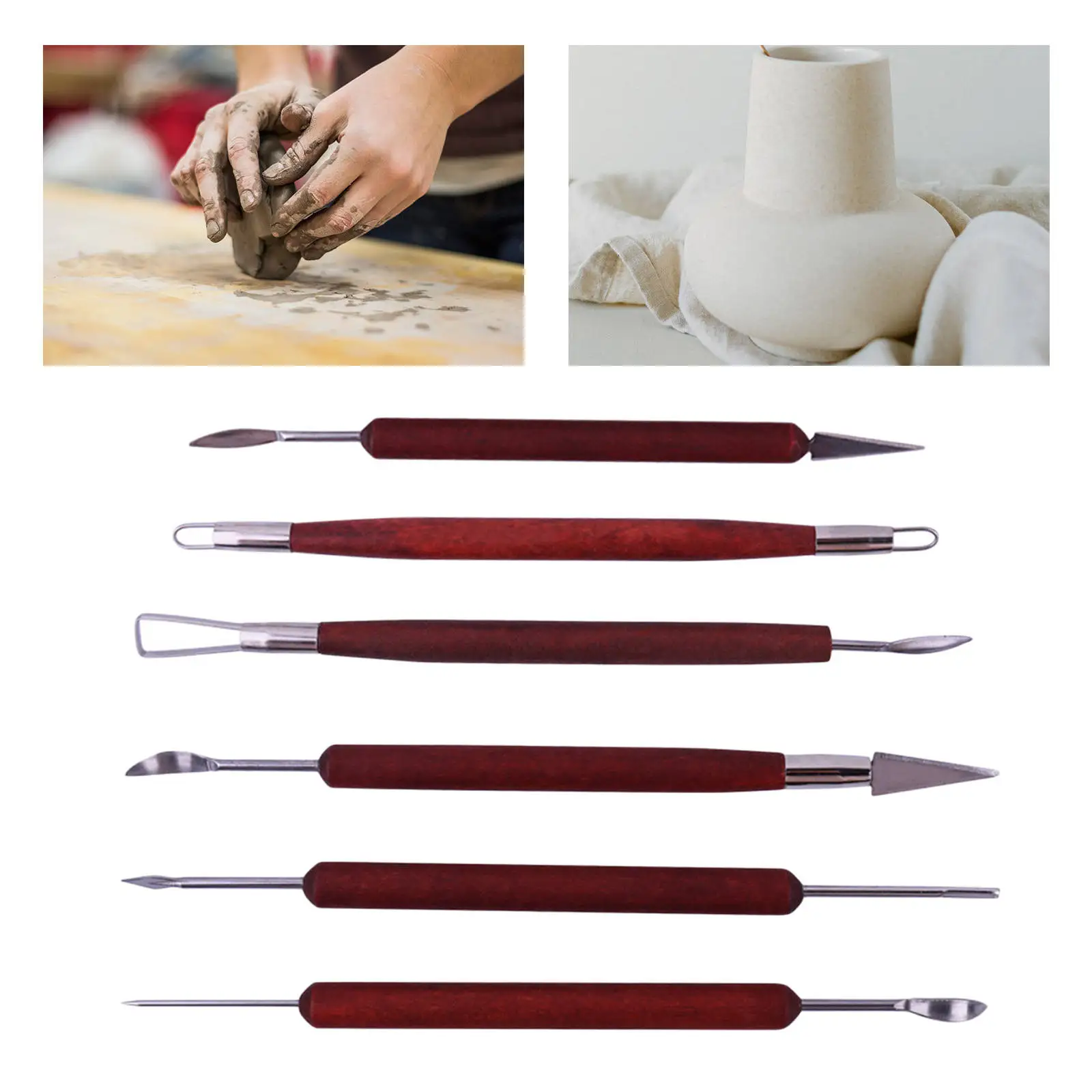6 Pcs/Set Pottery Clay Sculpting Tools Kit Double-Ended with Wooden Handle Wax Carving Tool Ceramic Modeling for Shapers Student