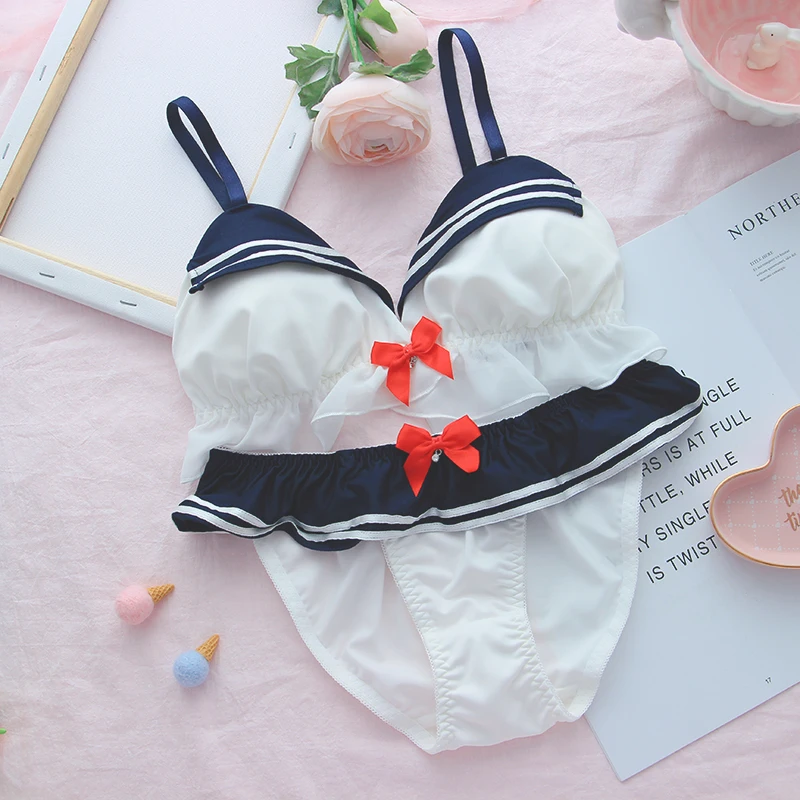 lace bra and panty sets Japanese Lolita Navy Lingerie with Panties Sweet Cute Sailor Underwear Cos Sexy Bow Bras Set Kawaii Women Student Bralette bralette sets