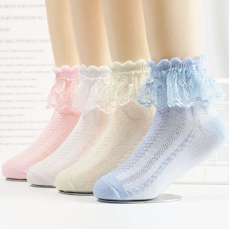 Girls Lace Flower Frilly Christening Socks 1-6 Years White Yellow Pink Grey 