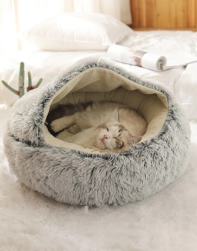 cama redonda de pelúcia para animais de ninho para dormir confortável no cama canil macio