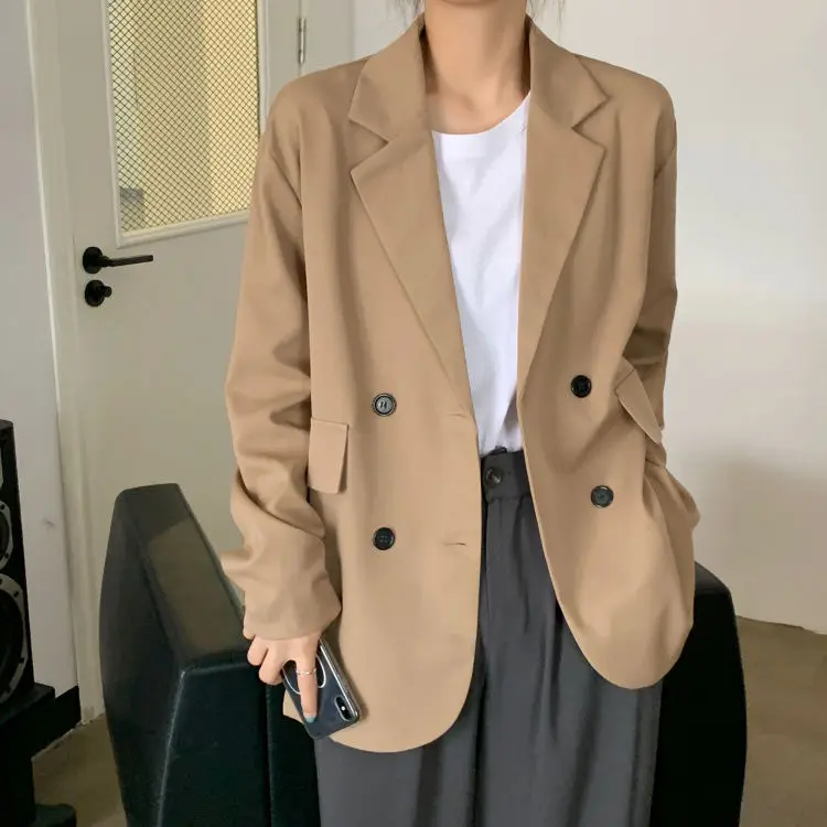women's sweat suits sets Women Blazers Casual Long Sleeve Double Breasted Outerwear Loose Notched Elegant Korean Ulzzang Office Ladies Button Blazer Chic green pant suit