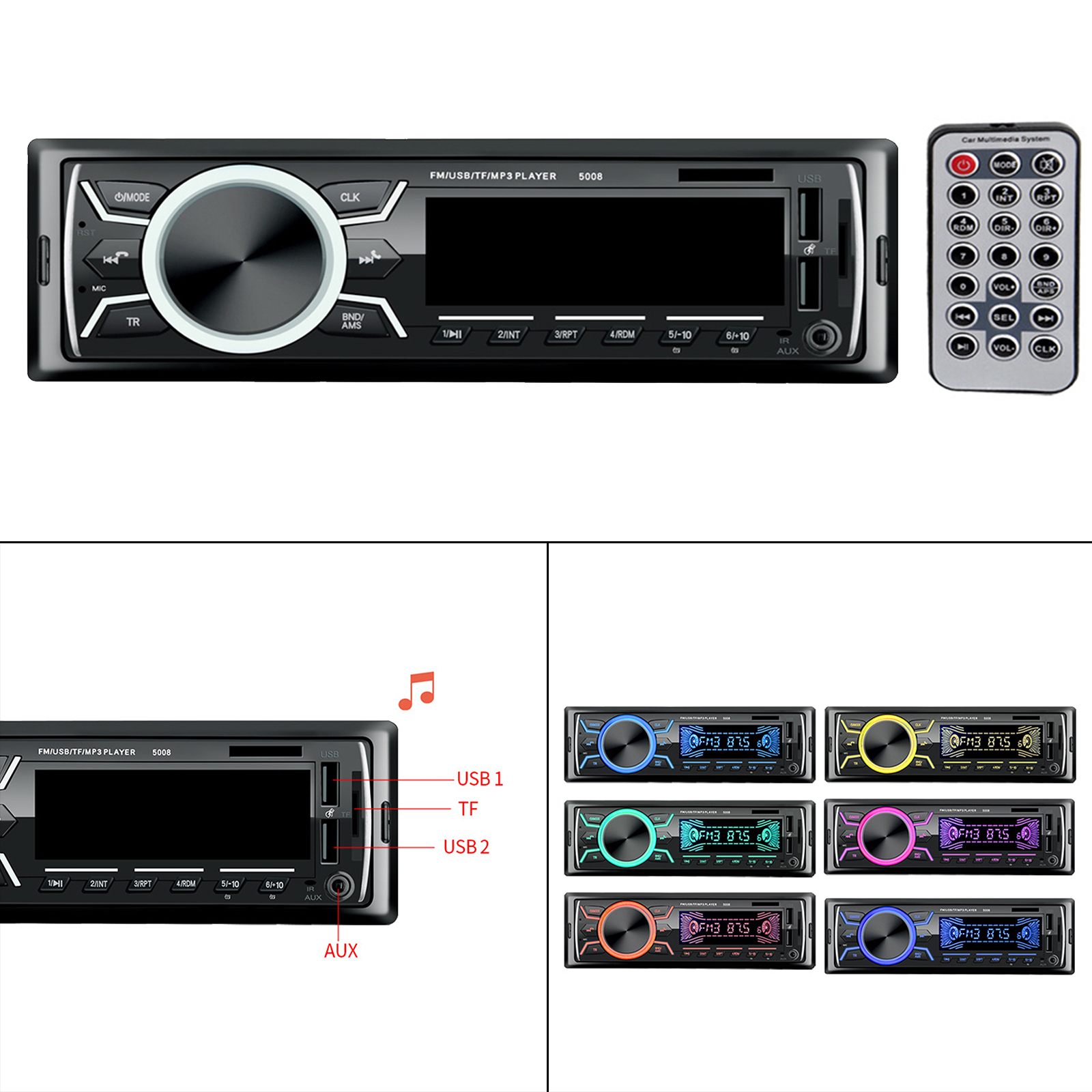 Car Radio with Bluetooth Hands-free System and Remote Control 1 DIN Car Radio MP3 Player Fast Charging Digital Media Player
