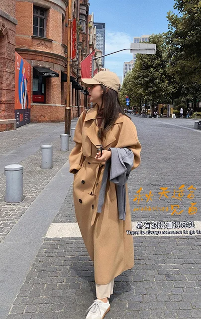 KUANGNAN Women's Double Breasted Belted Trench Coat