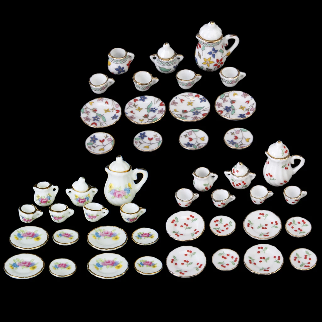 15Pcs 1/12 Scale Dollhouse Miniature Red Cherry Dining Ware Porcelain Tea Set Dish Cup Plate Kids Pretend Play Toys