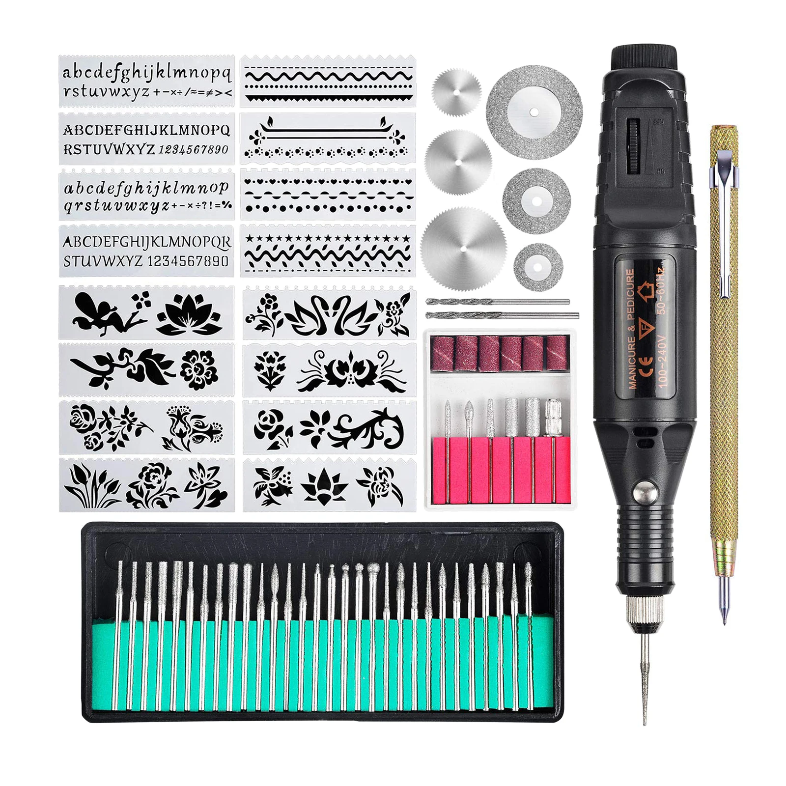 Micro Engraver Pen Metal Glass Mini Diy Engraving Tool including Scriber Bits Stencils