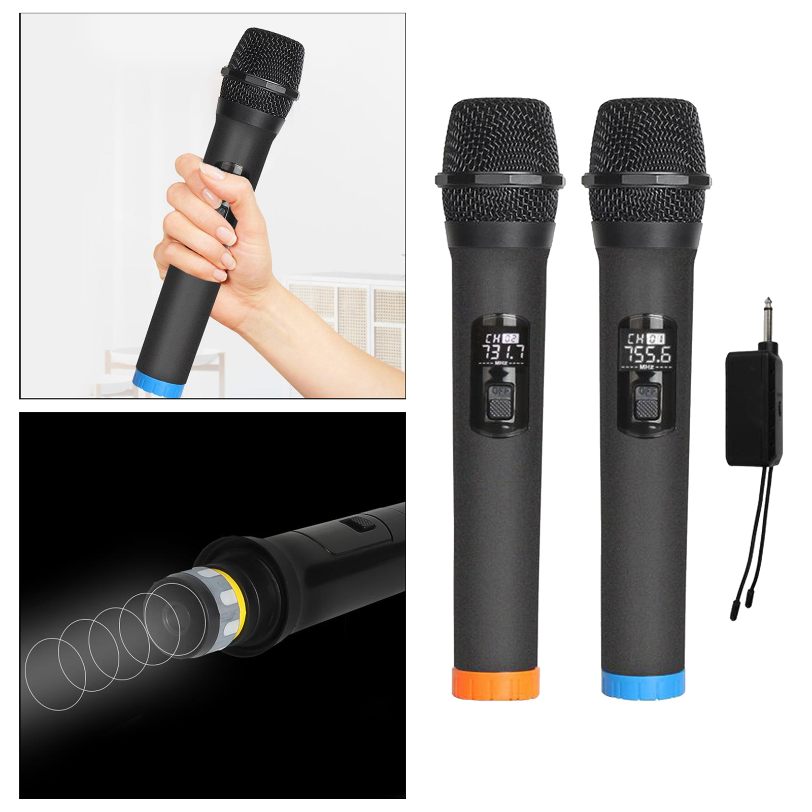 Black Handheld Wireless 2pcs Microphones 2channel VHF Cordless Microphone Professional Mic for Family Party Church Meeting