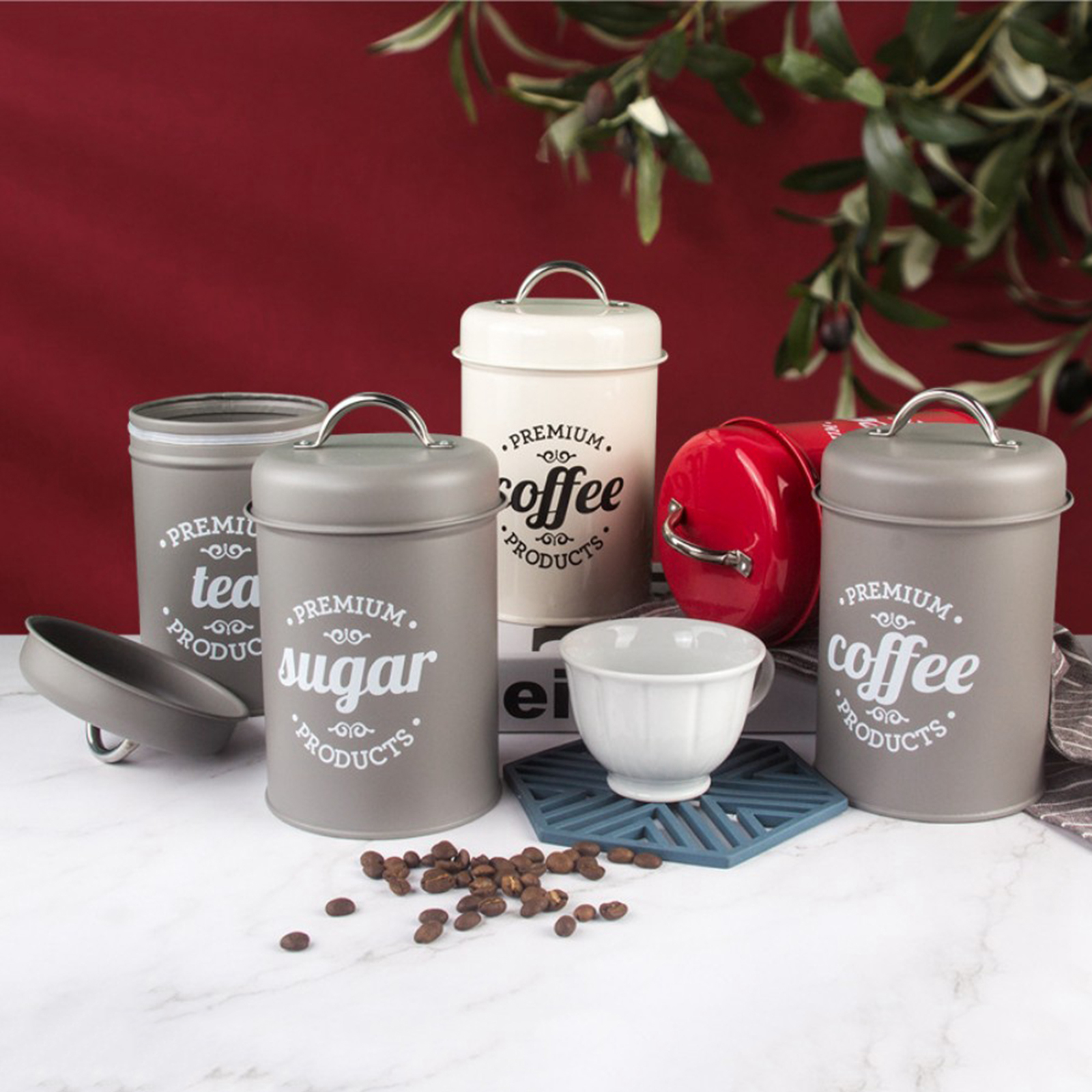 Set of 3 Coffee Tea Sugar Canister Set Metal Kitchen Food Storage Tins Jars with Airtight Lids