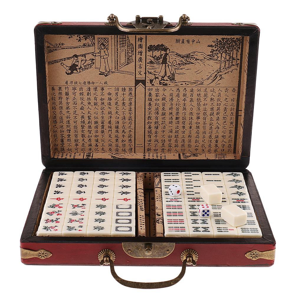 Table Board Game Chinese Antique Mahjong 144 Miniature in Wooden Box Leisure