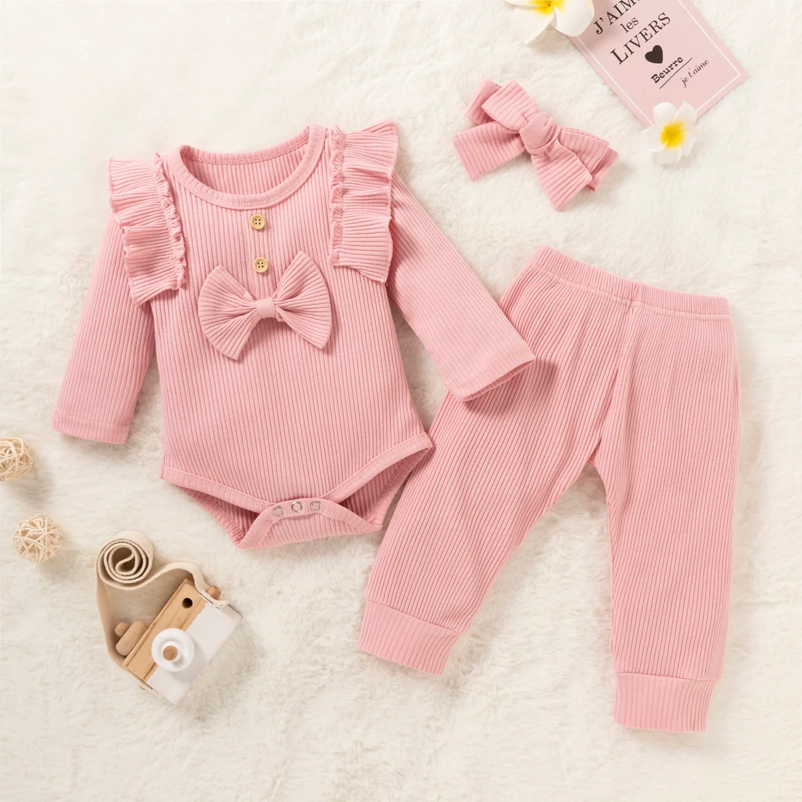Baby Clothing Set best of sale Newborn Infant Baby Girls Solid Ruffled Ribbed Bow Romper+Pants Outfits Set Winter Warm Toddler Baby Girls Smooth Velvet Outfits baby girl cotton clothing set