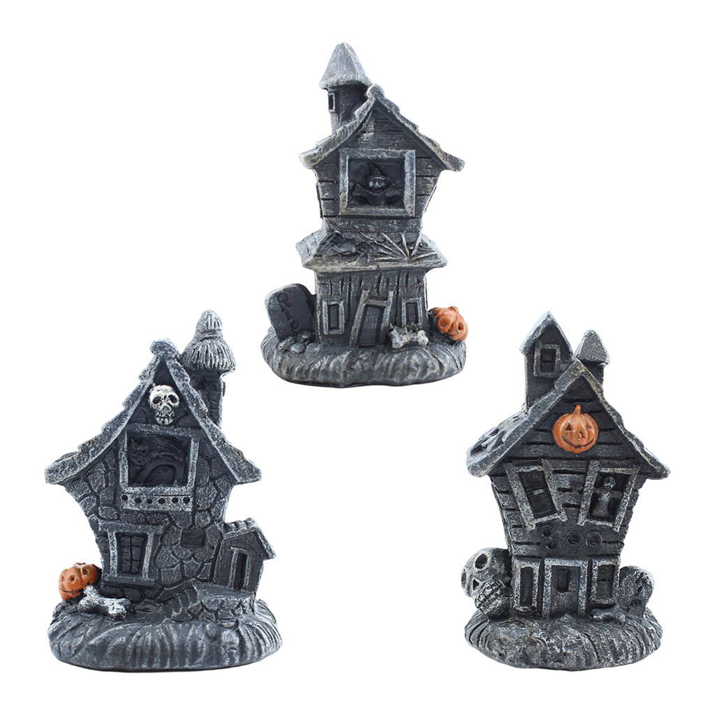 Hand Painted Waterproof Halloween Mini Haunted House Statue LED Light Decors Table Decorations
