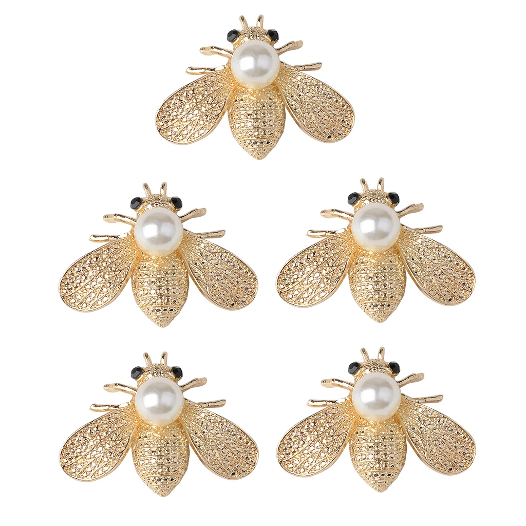5 Pieces Bee Shape Alloy Crystal Pearl Craft Buttons Jewelry Making