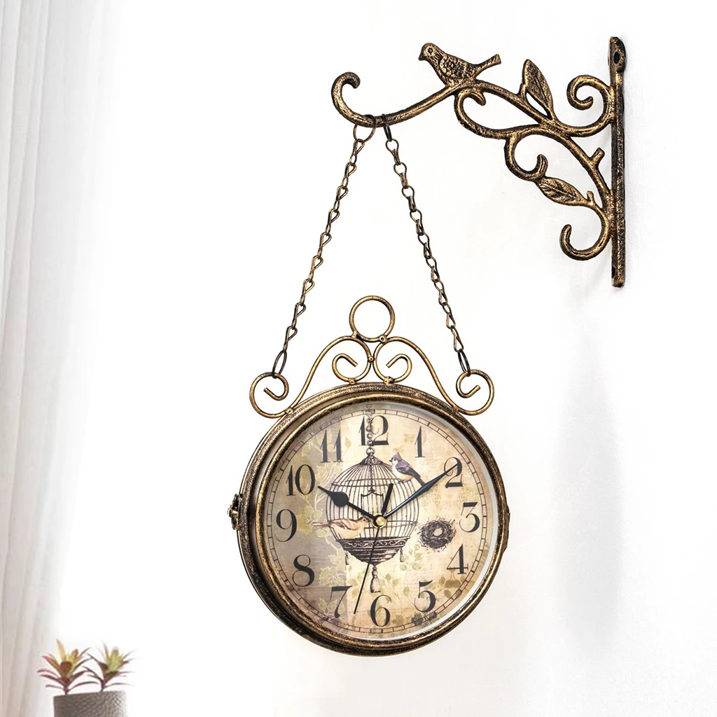 Double Sided Wall Clocks, Battery Powered Metal Vintage Style Clock Antique Circle Station Wall 2- Side Hanging Clock Wall Home