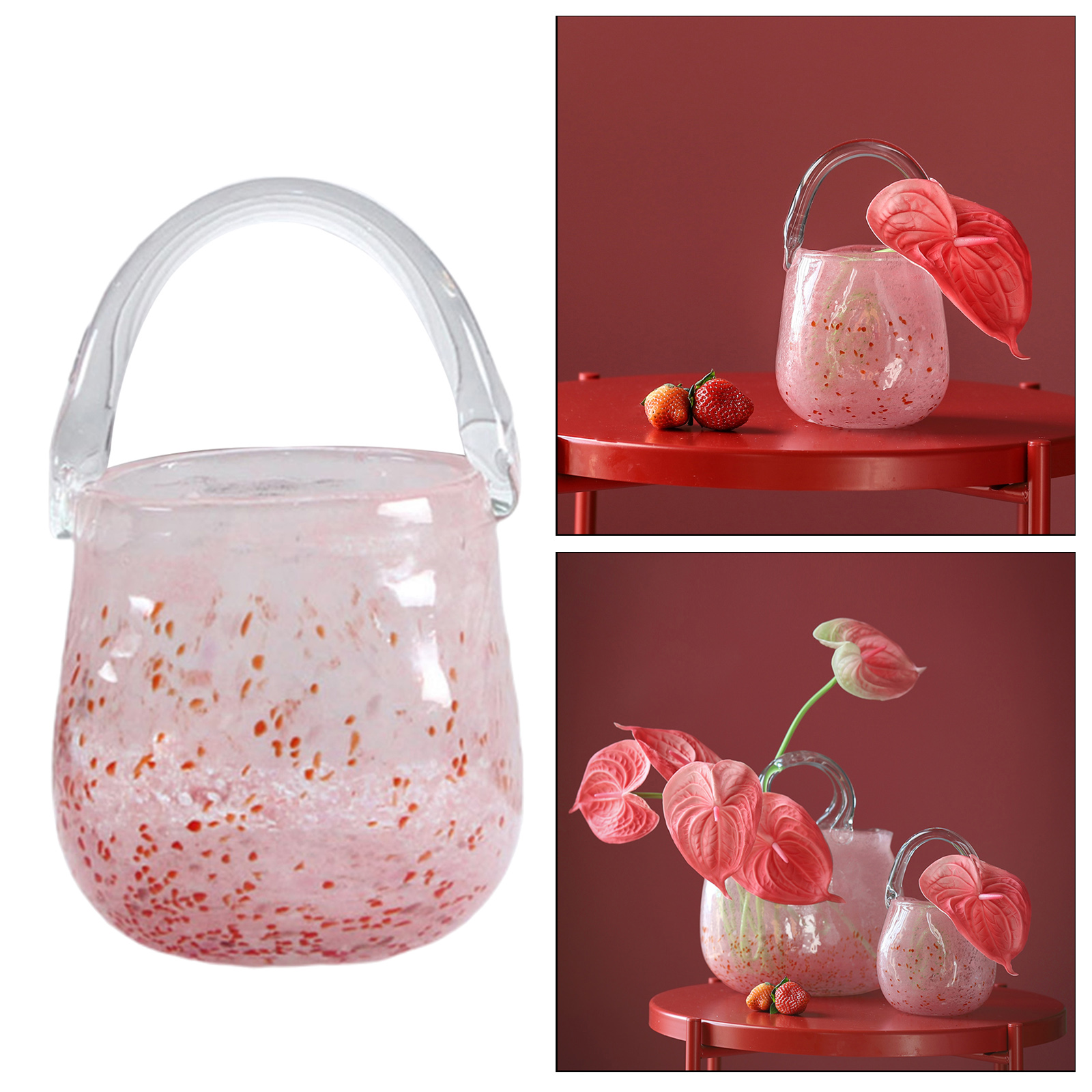 Luxury Glass Bag Vase Hand Blown Cherry Blossoms Small Bucket Storage Fruit Desktop Wedding Artistic Ornaments