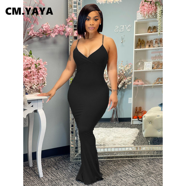 Cm.yaya Women Long Dress Solid Sleeveless Strap V-neck Stretchy Bodycon  Floor Length Dresses Sexy Party Vestidos Summer Outfits - Dresses -  AliExpress