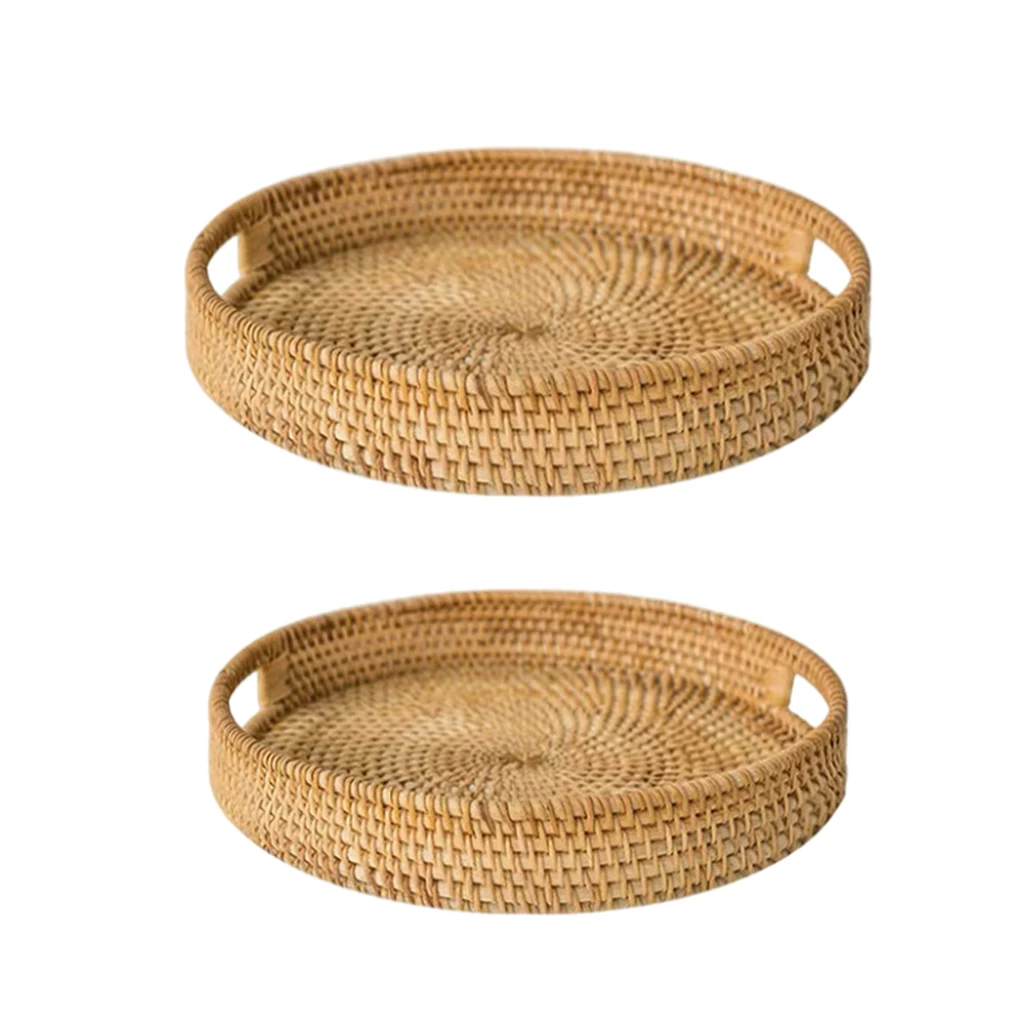 Rattan Handwoven Round Serving Tray Food Storage Plate With Handles Wicker Basket Wooden Tray For Drink Fruit Coffee Tea