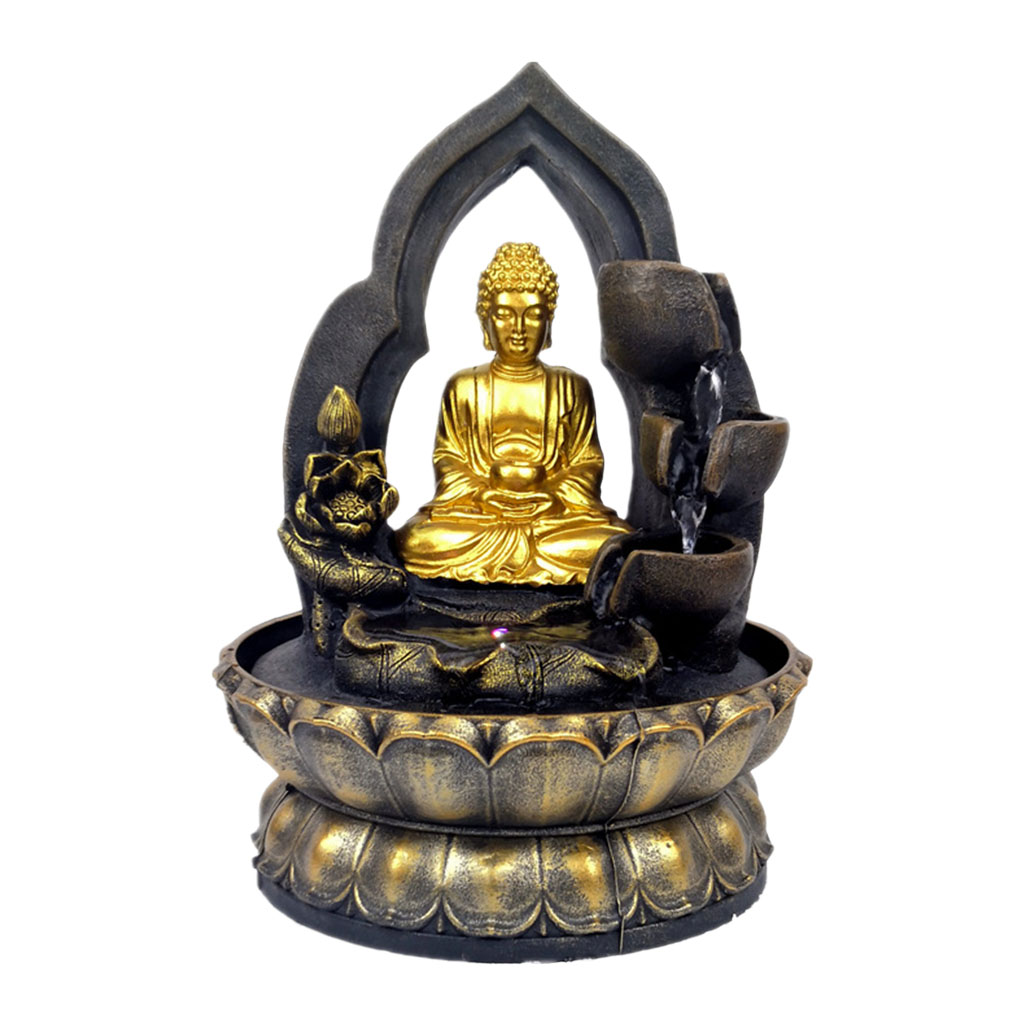 Resin Buddha Tabletop Fountain LED Lights Desktop Zen Water Fengshui Meditation Relaxing Calming Waterfall Home Sculpture Decor