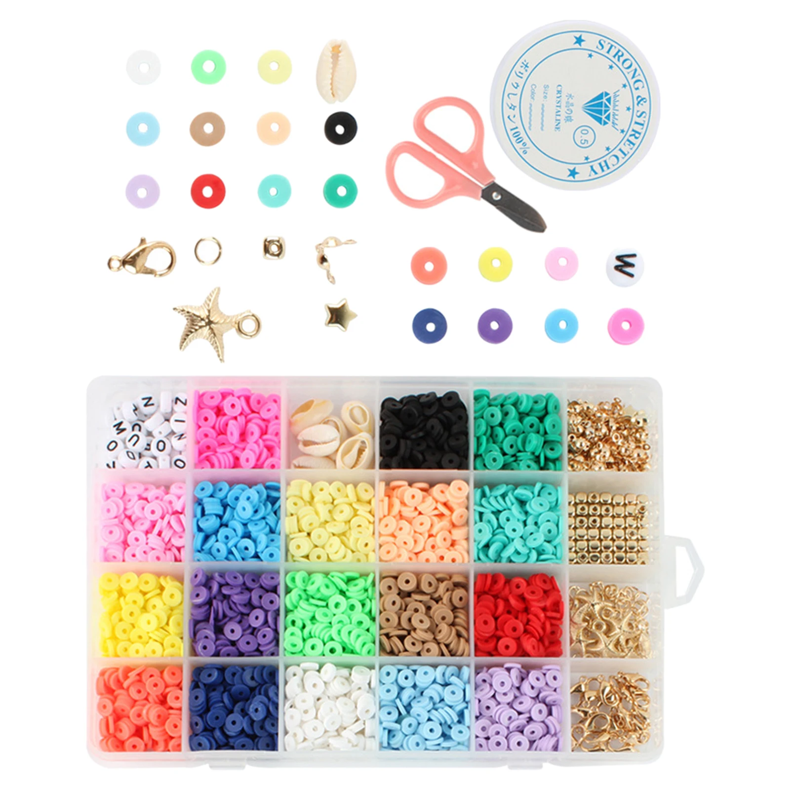 24 Grid Polymer Clay Beads Chip Disk Loose Spacer Mixed Letter Beads Jump Rings Lobster Clasp Pendant Beading DIY Jewelry Making