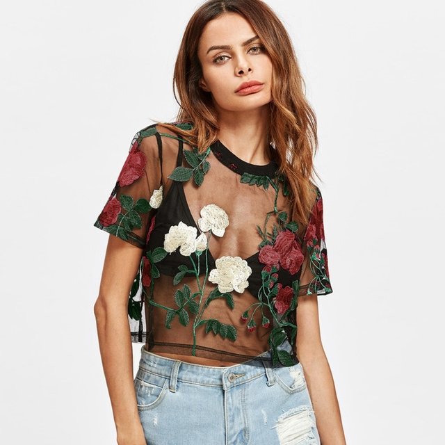 Women Sheer Mesh Top Flower Embroidery Short Sleeve Summer Shirt