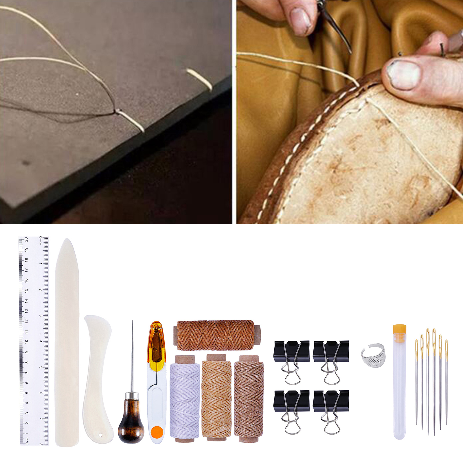 Leather Crafting Tools, Leather Craft Needles, Waxed Threads, Ruler, Awl, Thimble Set Hand Stitching Tool