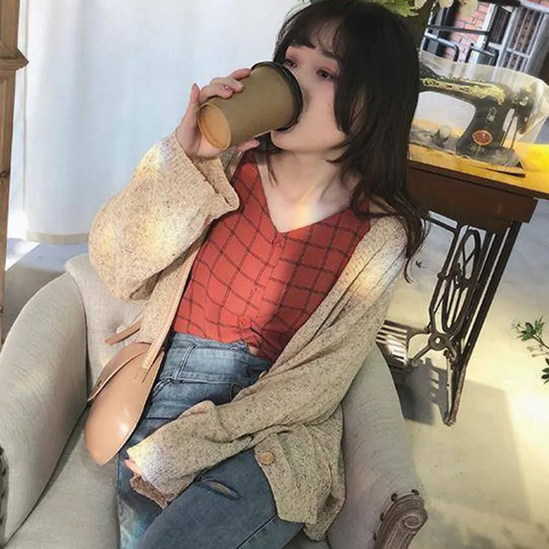 Chiffon Plaid Camisoles For Women Single Breasted V-neck Casual Camis Vintage Loose Womens Fashion Tank Top Chic long camisole