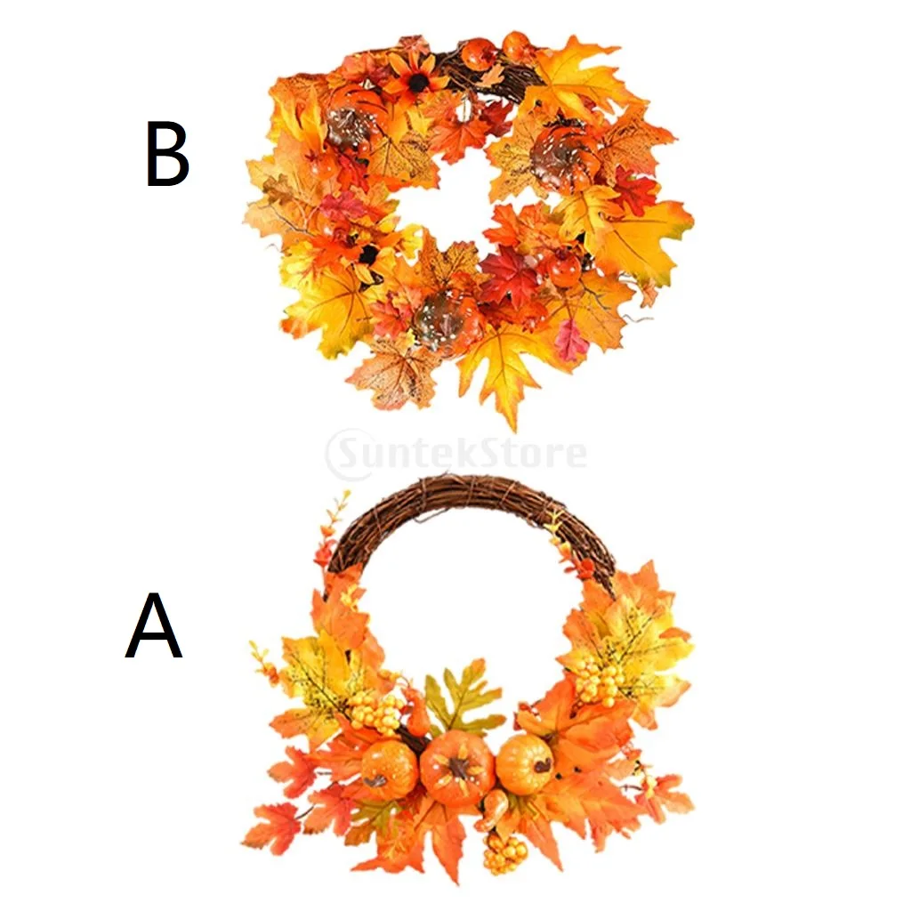 Fall Wreath Autumn Wreath w/ Artificial Maple Leaf Front Door for Autumn Halloween Party Wall Decoration