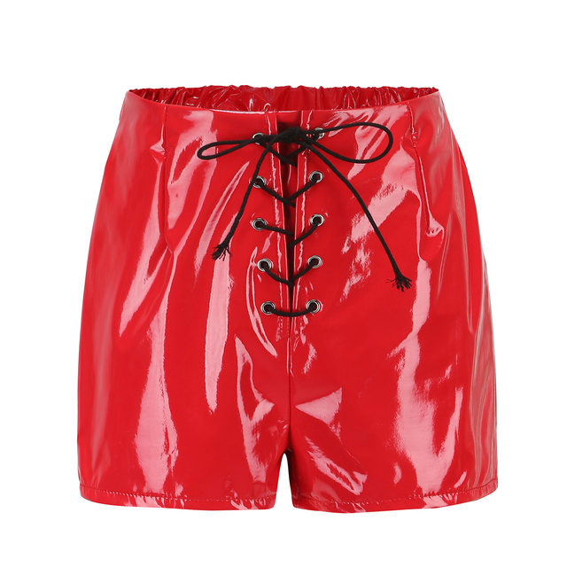 海外から輸入 Faux PVC Leather Shorts Women Hotpants Lace Up Red Black Clothing