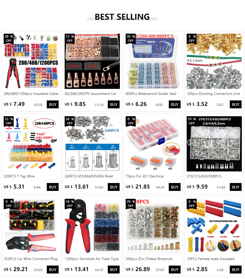 280/480/1200pcs Insulated Cable Connector Electrical Wire Assorted Crimp Spade Butt Ring Fork Set Ring Lugs Rolled Terminals Kit