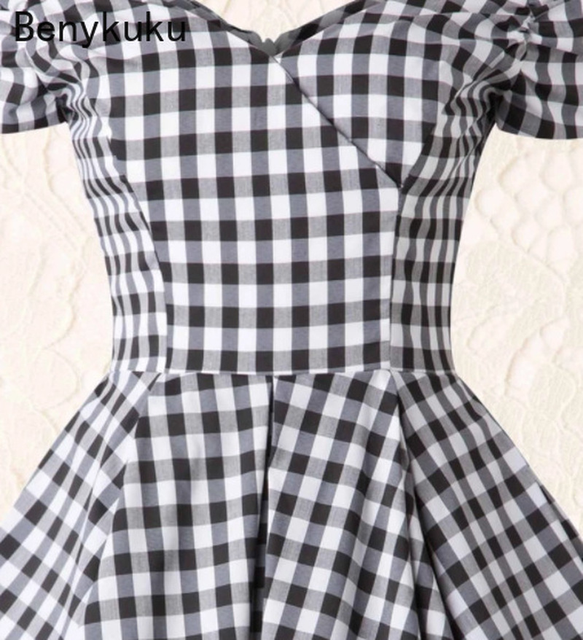 Vintage Dress Black White Houndstooth Fit Flare Retro Style popular Off The Shoulder