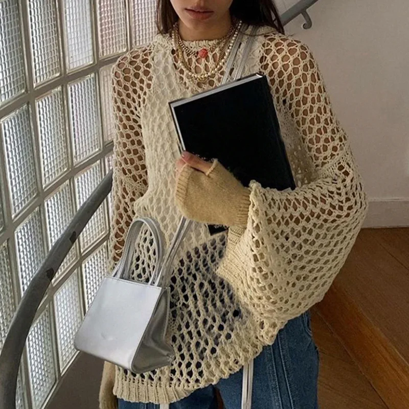 Women Summer Sexy Hollow-out Knit Smock Blouse Loose Round Neck Long Sleeve Fishnet Pullover Knitwear Summer Holiday Cover-Ups bikini cover up