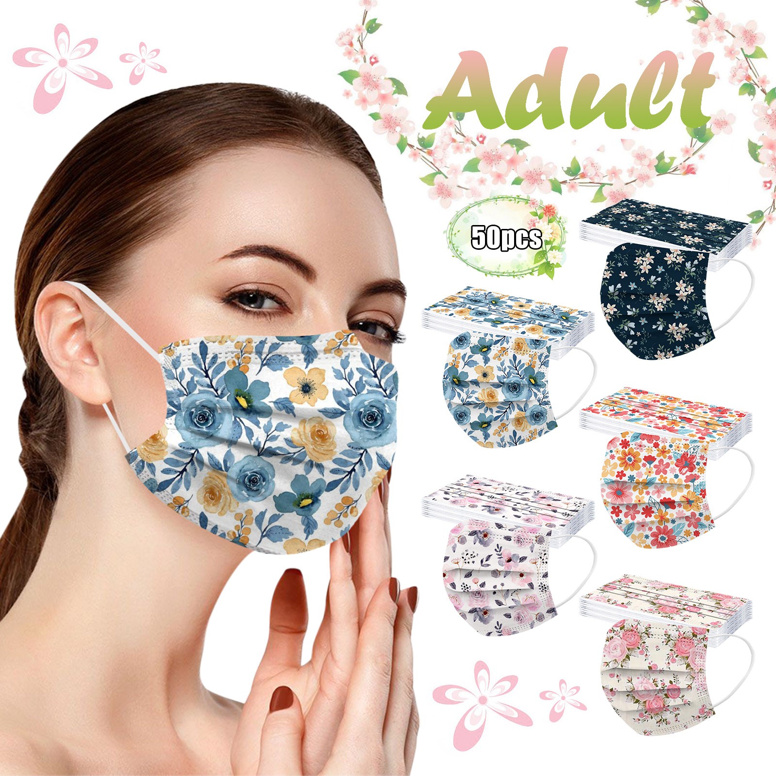 Description Picture 2 of item50pcs Disposable Face Mask Flower Printed Adults Mascarillas 3 Layer Filter Masque Breathable Mouth Masks Protective Mascaras