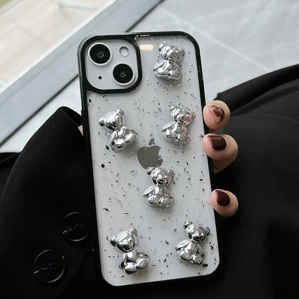 Retro kawaii silver foil bear transparent Phone Case For iPhone 13 11 12 Pro Max Xs Max XR 7 8 Plus X 7Plus case Cute Soft Cover