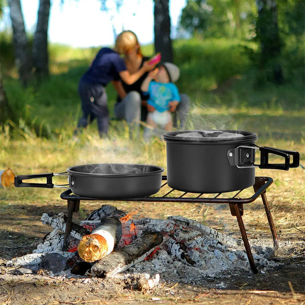 Camping Cookware Mess Kit Backpacking Gear & Hiking Outdoors Out Bag Cooking Equipment Cookset | 2-3 People Camp Accessories