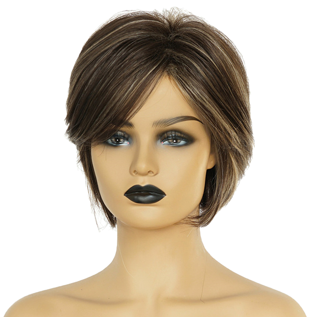 Lady Short Wigs Pixie Cut Hairstyle  Human Hair Wigs W/ Side Bangs