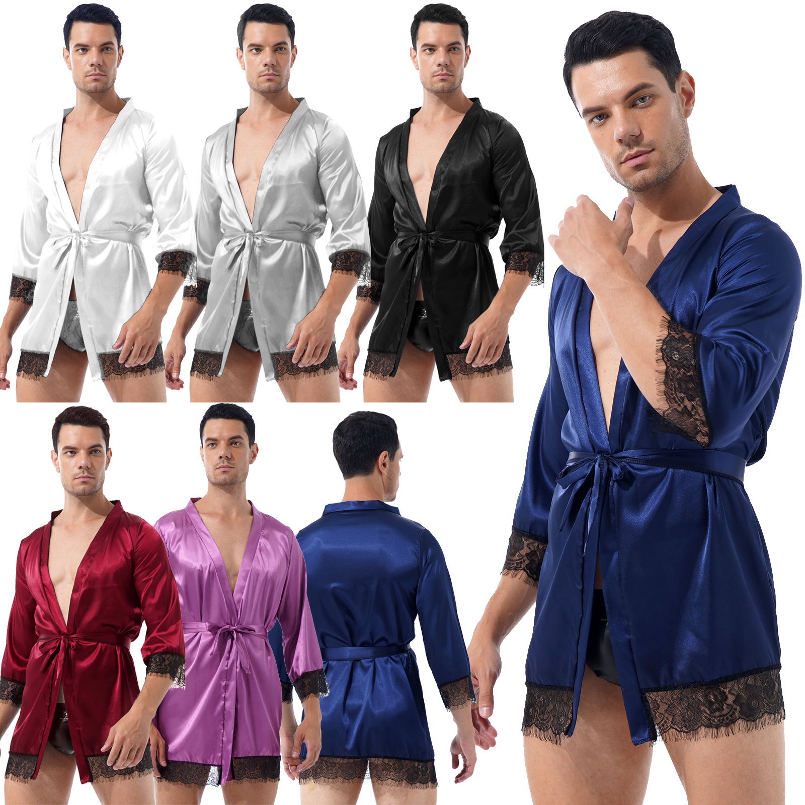 Men Lace Trim Nightwear Sexy Satin 