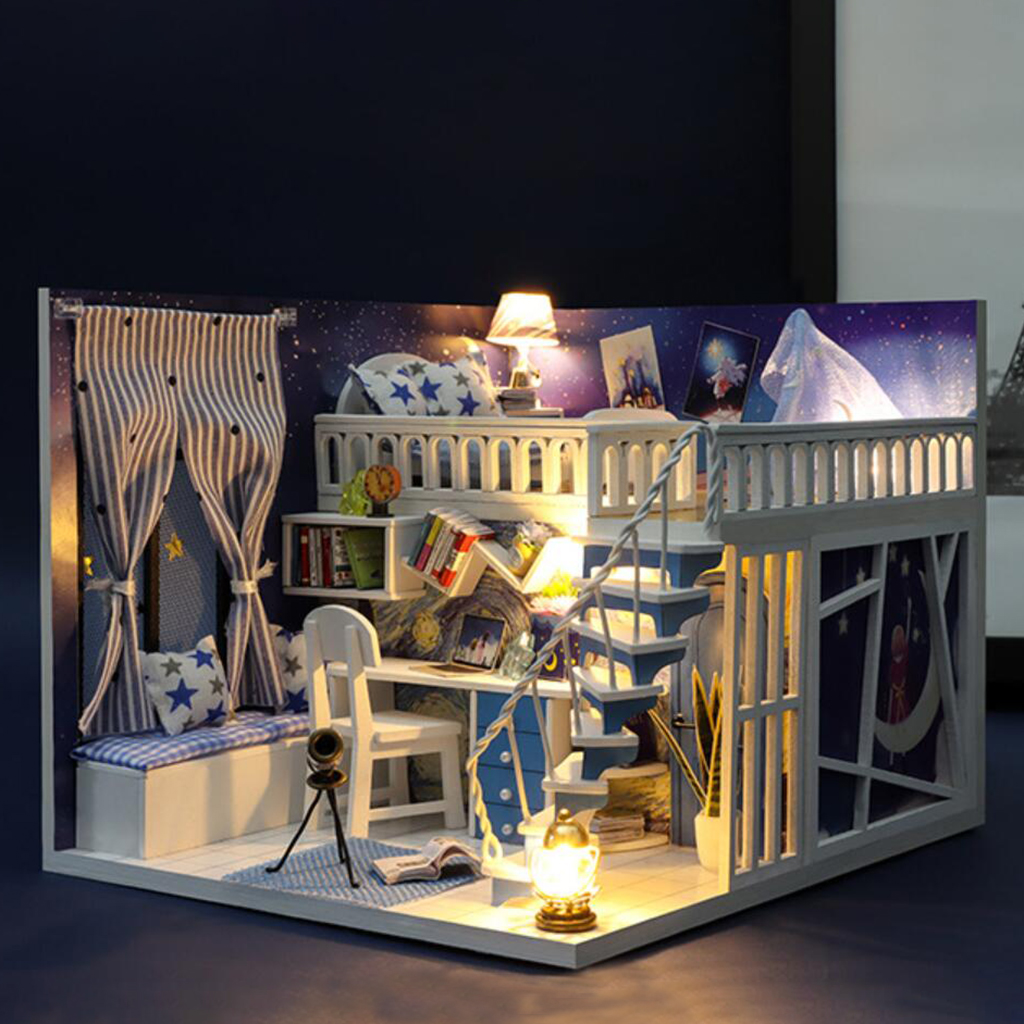 DIY Creative Dollhouse with Realistic Furniture Kit w/ LED Light Battery Case Wooden Crafts Themed Cottage Doll House Toys Gift