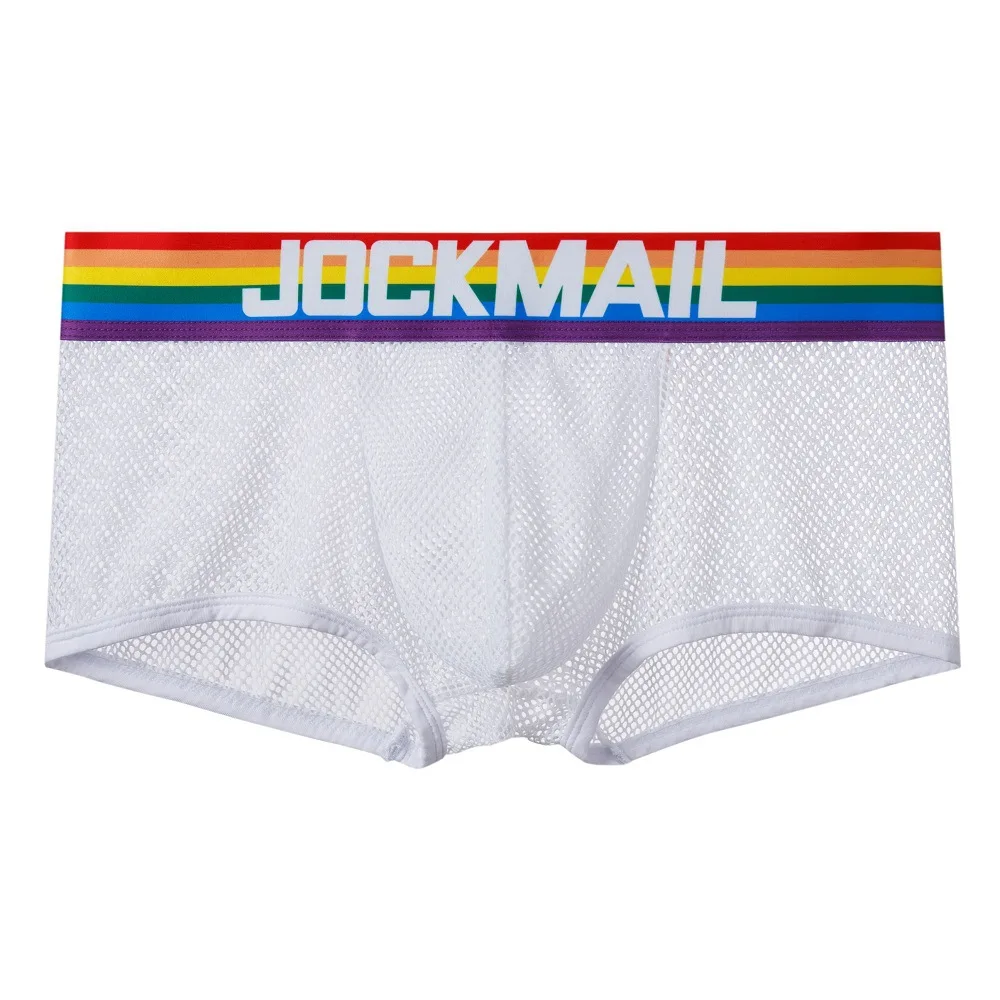 cheap boxers JOCKMAIL men's underwear Rainbow mesh breathable perspective four corner trend personality low waist European and Americanboxers leather underwear for men