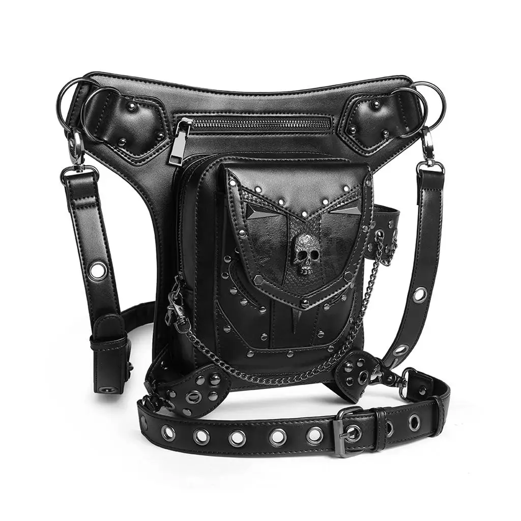 PU Leather Shoulder Bag, Vintage Steampunk Punk Skull Handbag, Waist Packs Bag, Gothic Leg Bag, Black