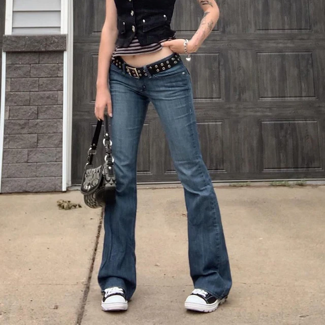 2000s Retro Low Rise Skinny Flared Pants Y2k Women Jeans Long