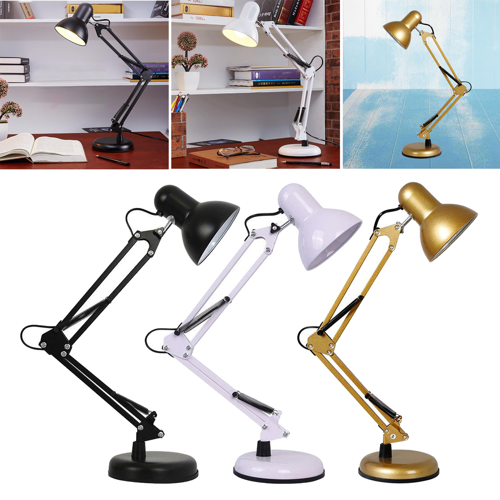 Bedside Study Desk Reading Lamp E27 Swing Arm Light Adjustable Home Office